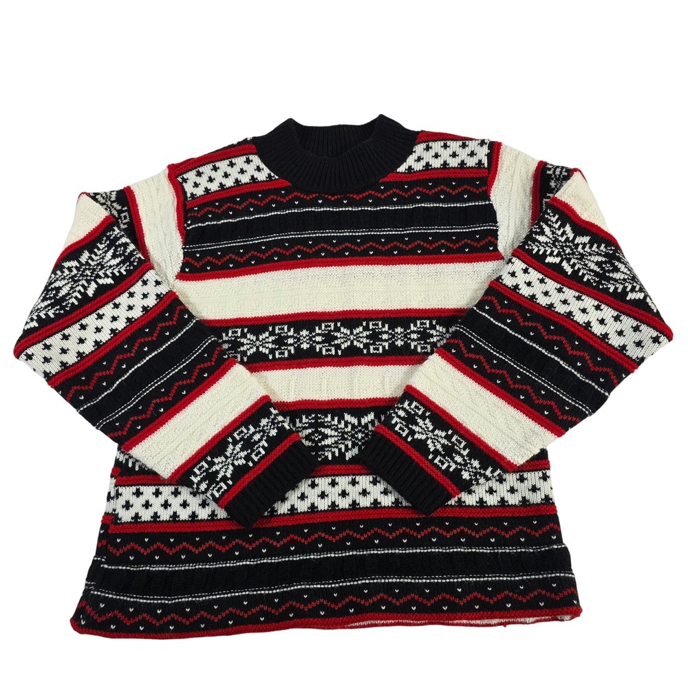 Alfred Dunner Women Snowflake Fair Isle Mock Neck Sweater Size S Black Red Cream